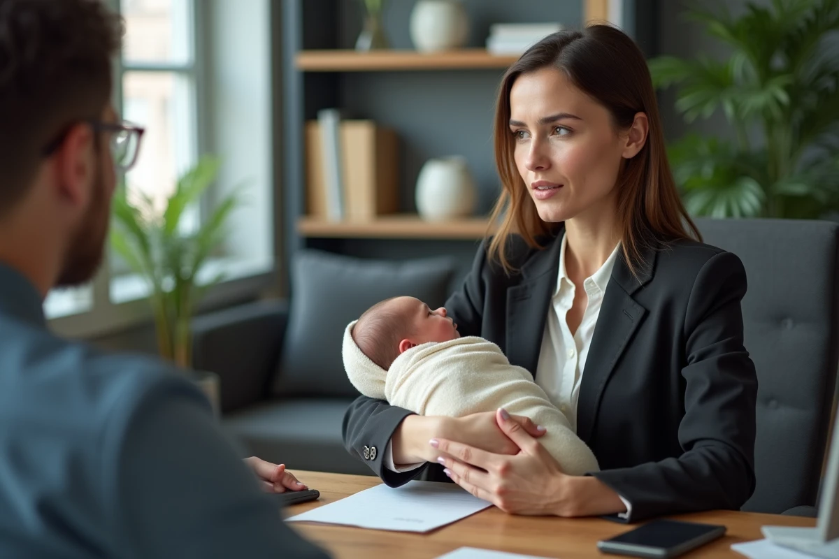 Jeune mère avec son nourrisson consultant un conseiller financier pour protéger sa retraite pendant le chômage