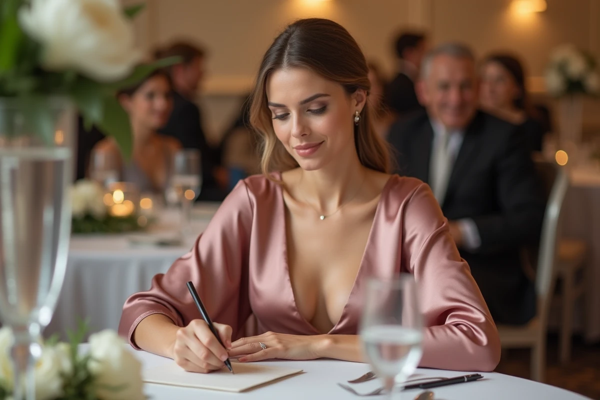 Femme élégante écrivant un message de félicitations pour sa cousine lors d'un mariage, assise à une table de réception décorée de pivoines blanches
