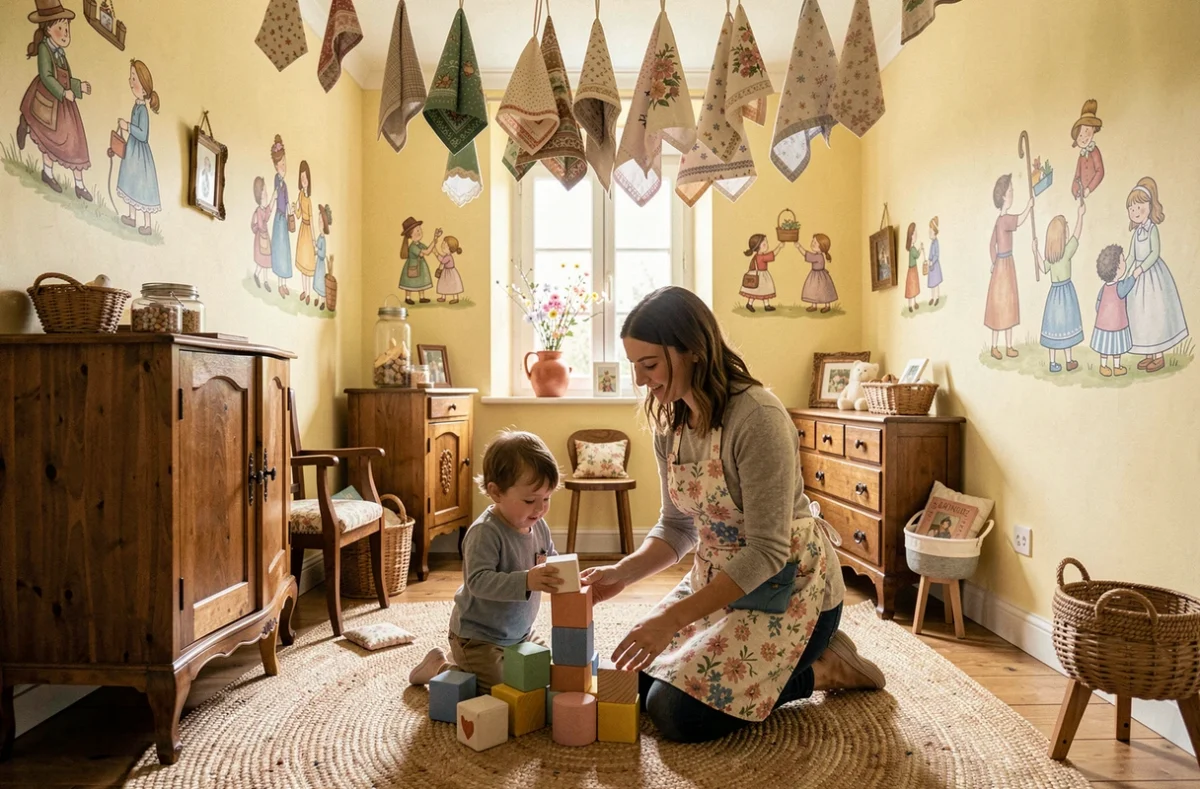 Intérieur chaleureux de la micro-crèche Comptines et Câlins à Pontoise avec éducatrice et enfant jouant