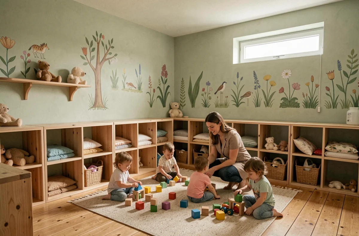 Micro-crèche en Sarthe dans un espace de taille domestique avec casiers en bois, enfants en jeu libre et éducatrice accroupie