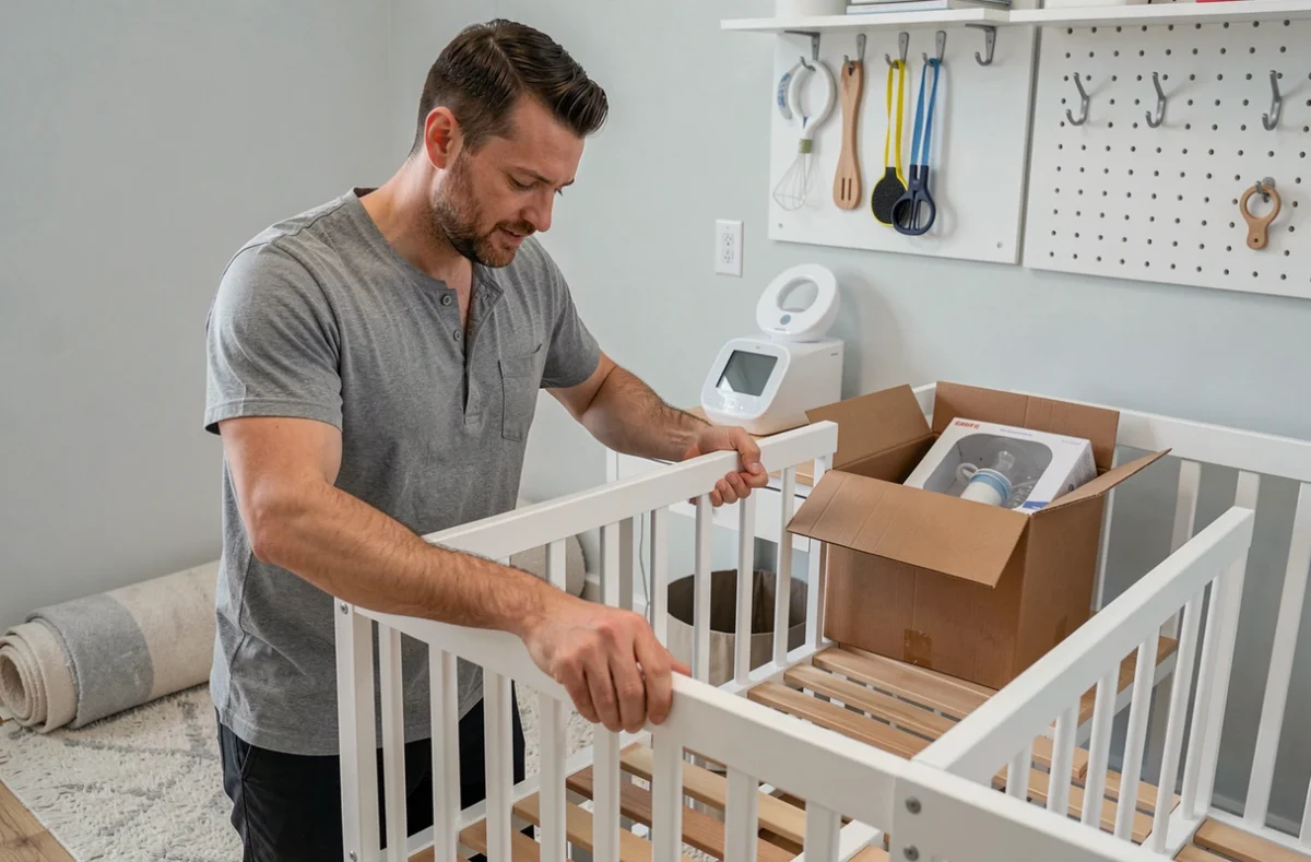 Père assemblant un lit à barreaux en bois blanc dans une chambre de bébé avec les équipements de puériculture essentiels encore dans leurs emballages