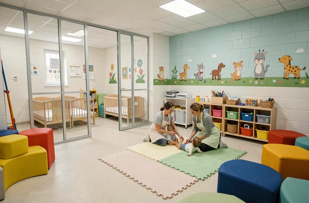 Multi-accueil en Vendée avec zones séparées pour bébés et tout-petits, murales colorées et professionnelles de la petite enfance
