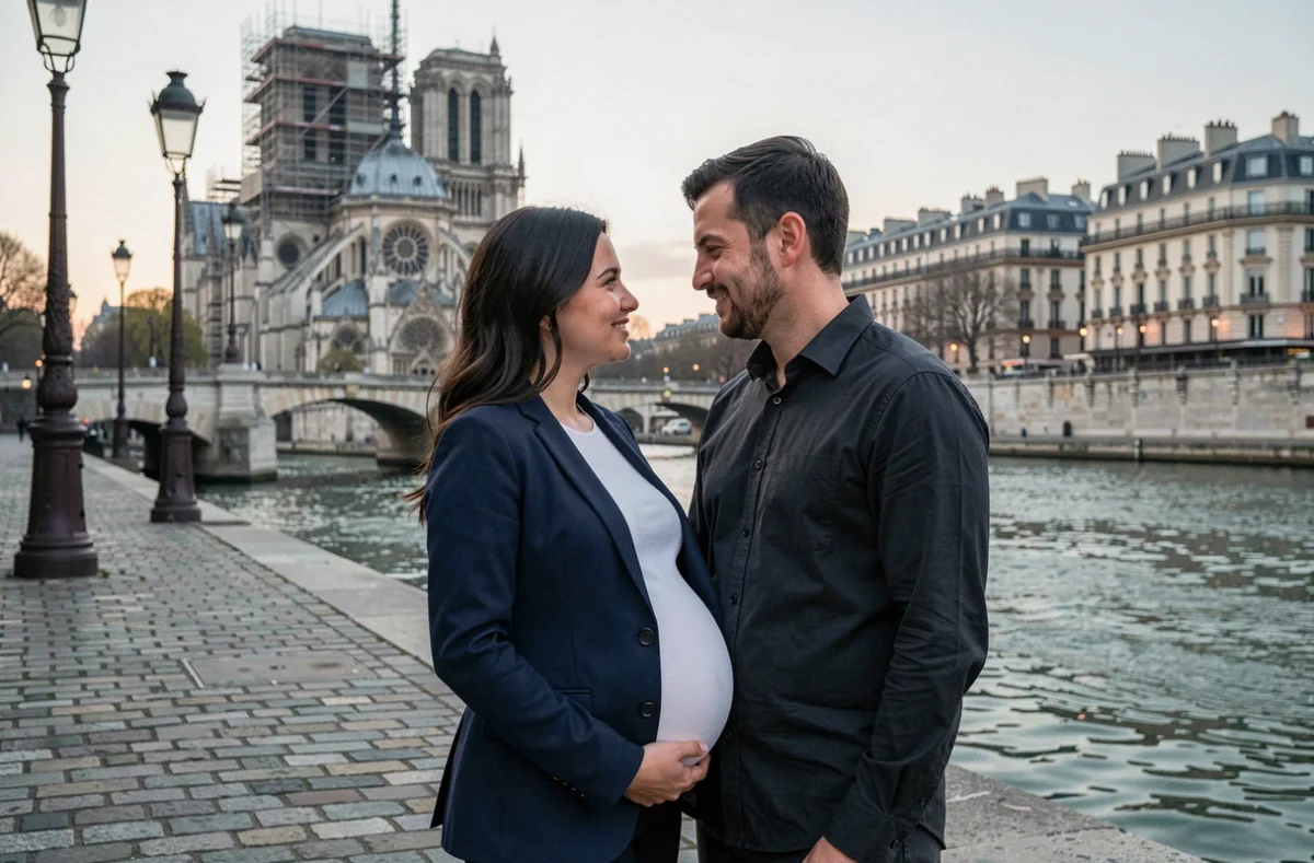 Nicolas Baudry Photographe - séance de grossesse d'un couple sur les quais de Seine à Paris au crépuscule