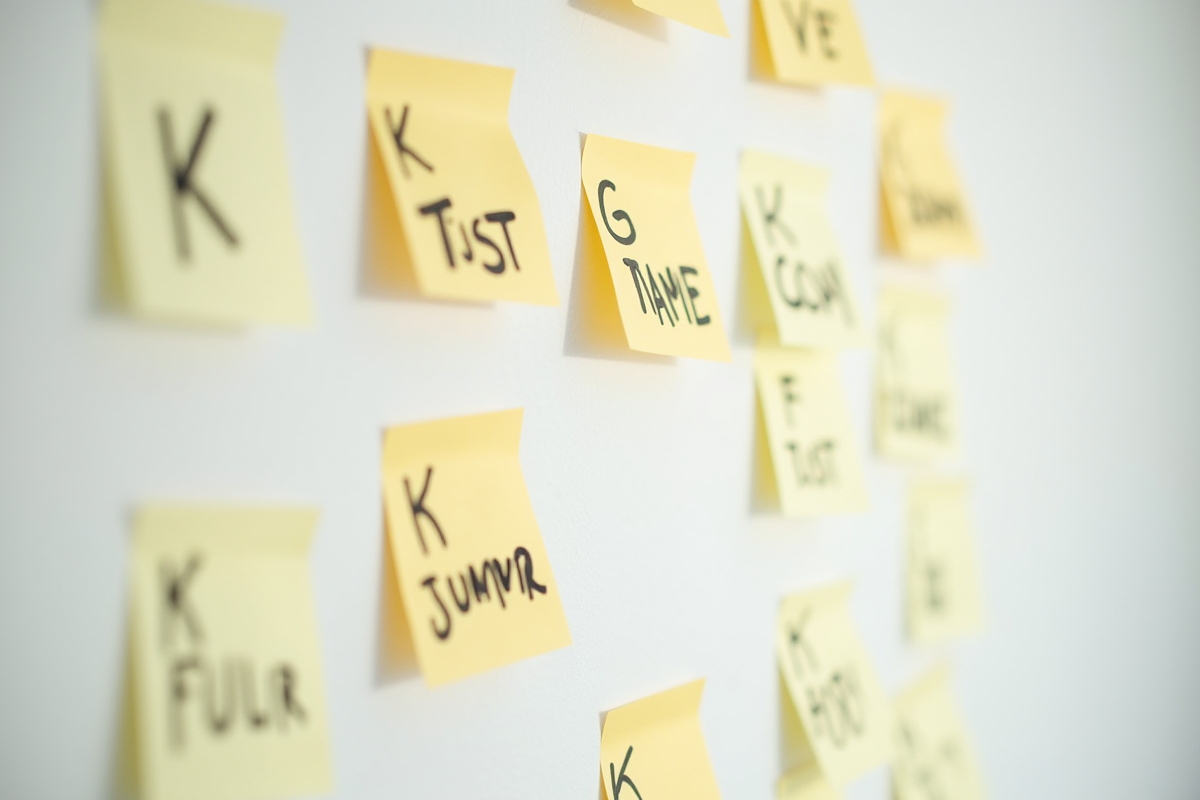 Notes adhésives avec noms K écrits à la main sur un mur blanc