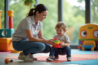 Assistante de garde souriante avec un enfant dans un espace de jeu