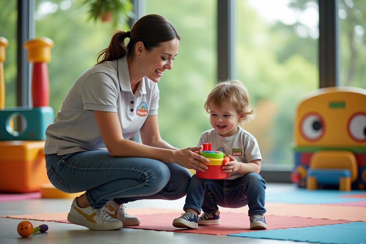 Assistante de garde souriante avec un enfant dans un espace de jeu