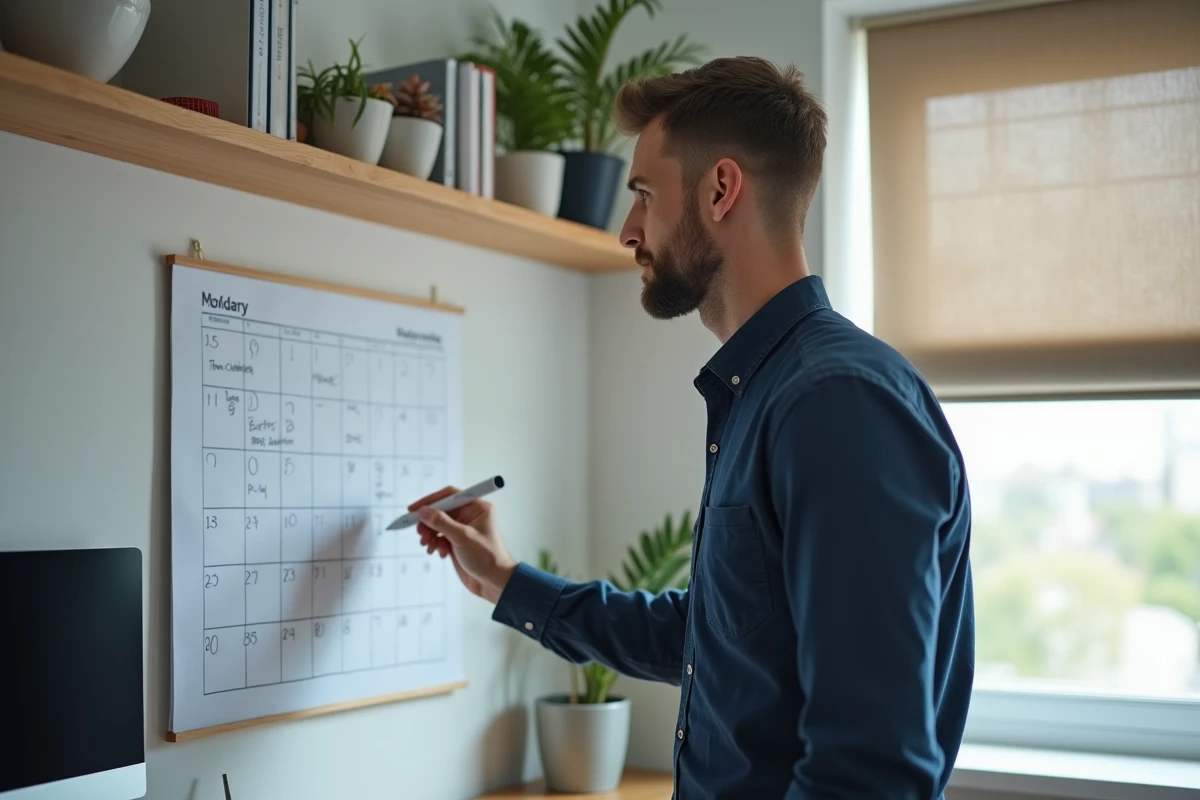 Parent organisant le planning annuel des semaines paires et impaires scolaires sur un tableau blanc dans un bureau à domicile