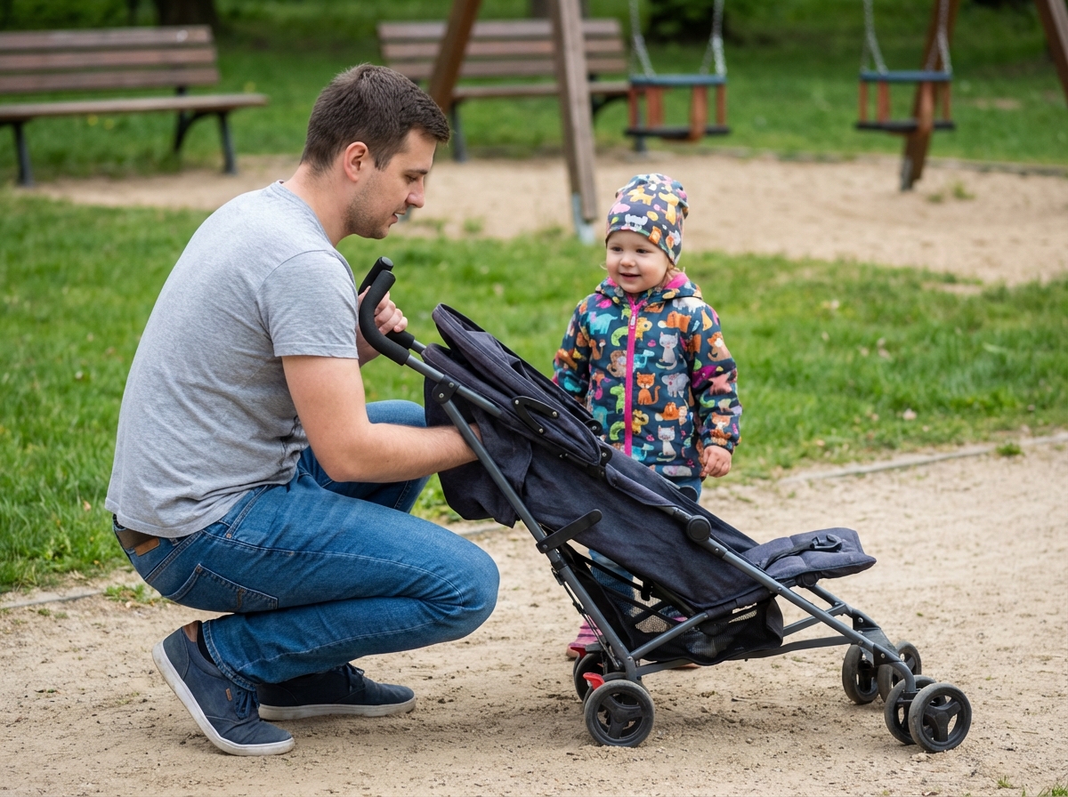 Père dépliant poussette dans un parc en famille