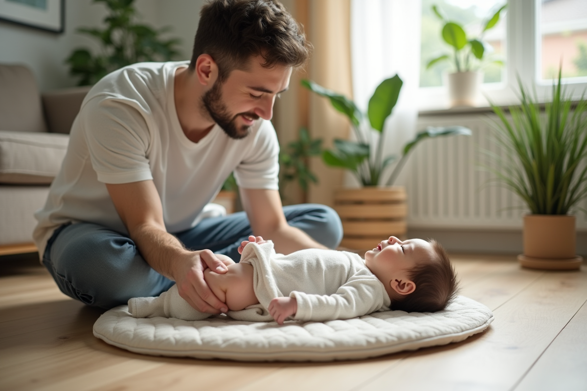 Père enveloppant tendrement son bébé garçon sur le tapis