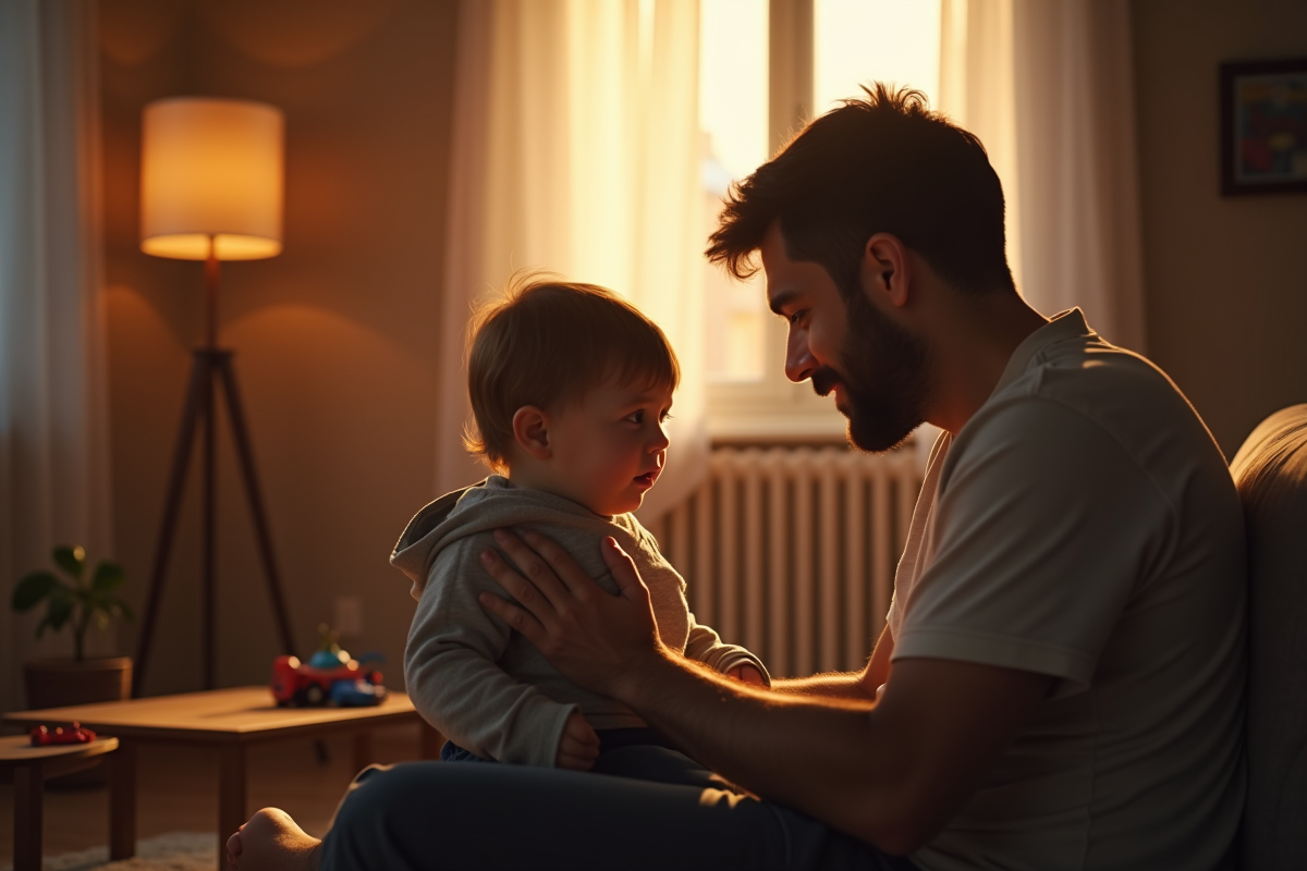 Père réconfortant son enfant éveillé au matin
