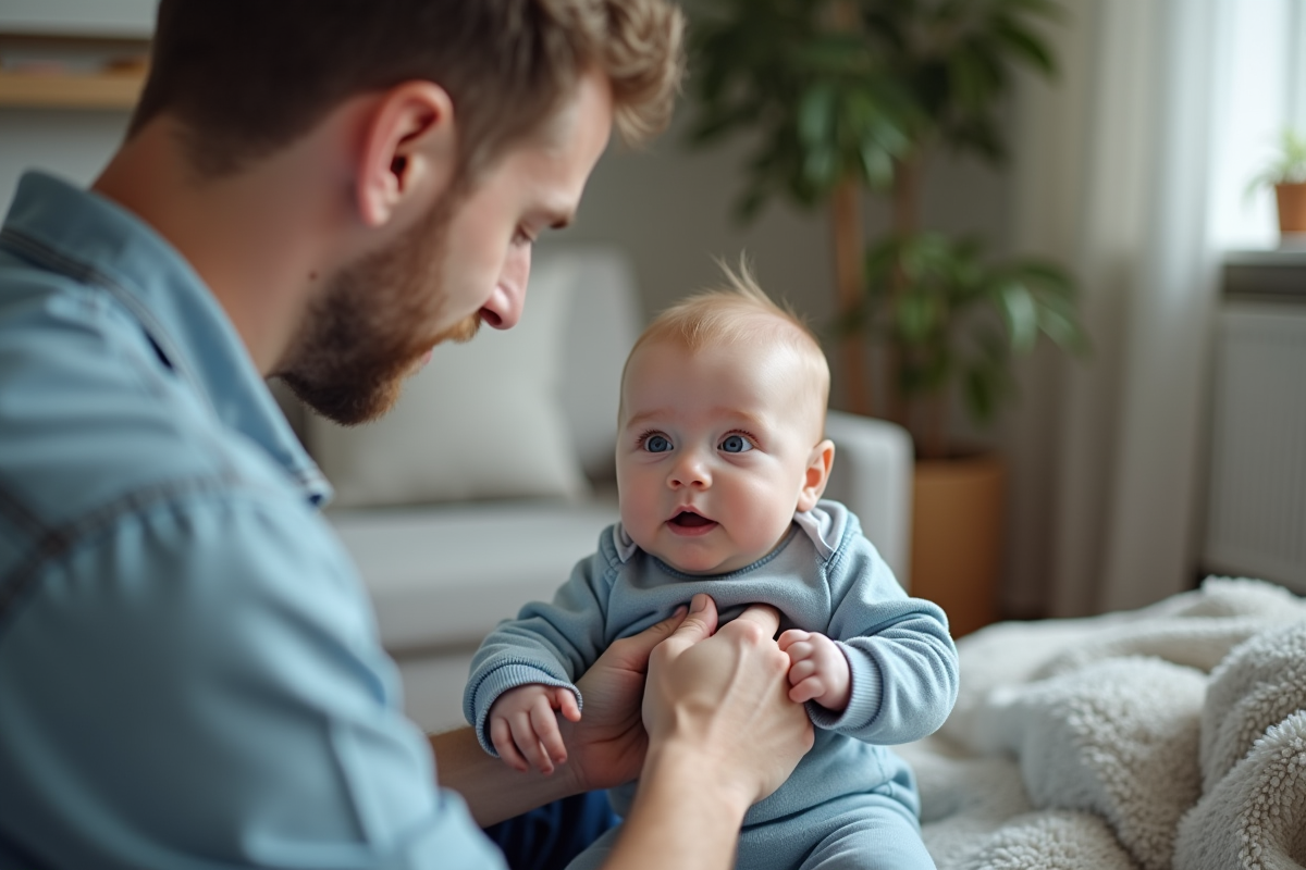 Pere habillant son bebe dans un salon moderne