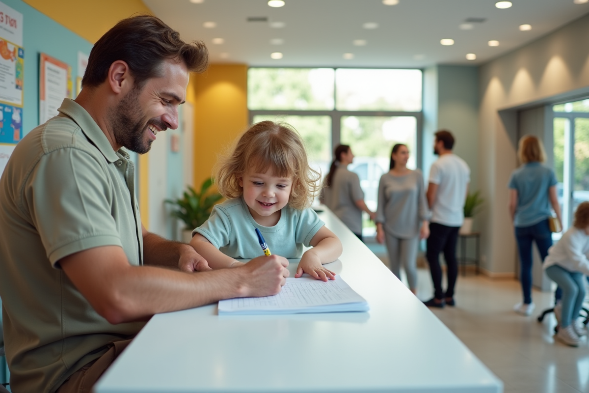 Père détendu inscrivant sa fille à l