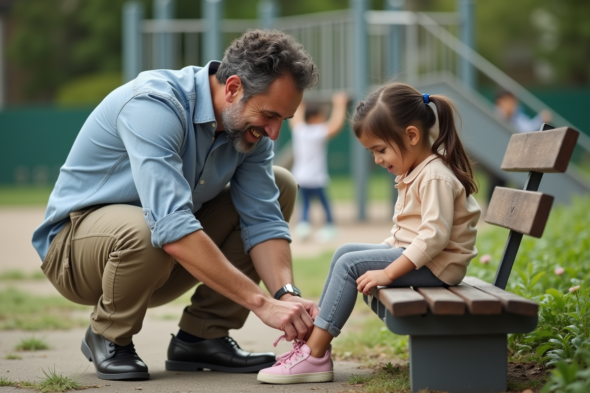 Pere aidant sa fille à lacer ses chaussures dans un parc