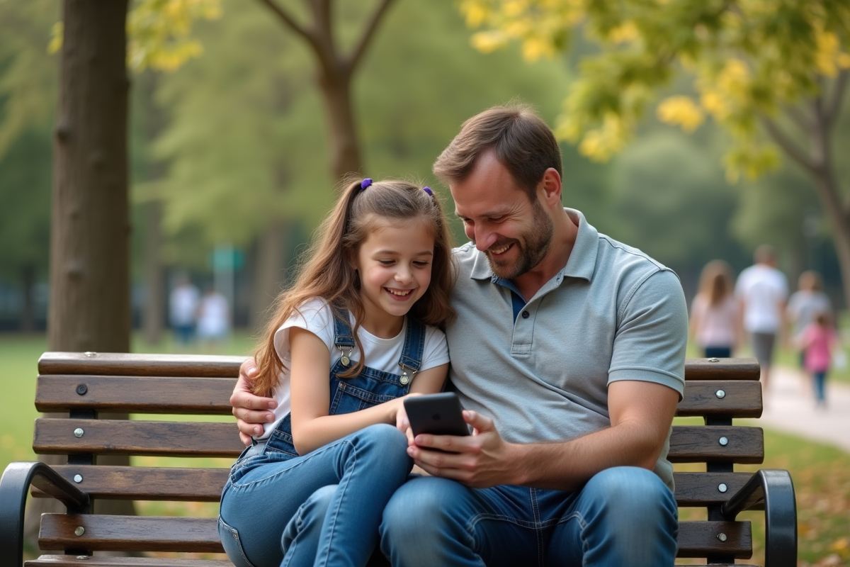 Père et fille riant ensemble dans un parc en plein air