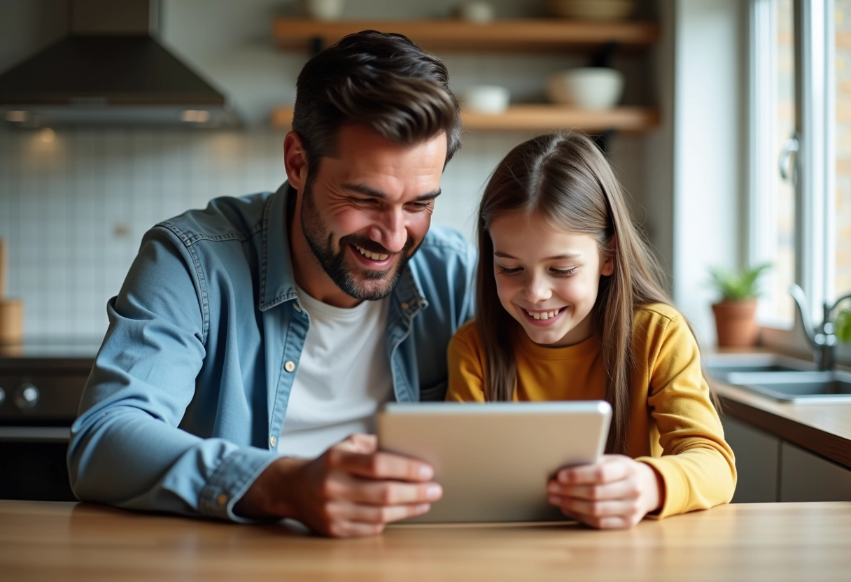 Père et fille regardant une tablette à la cuisine en famille