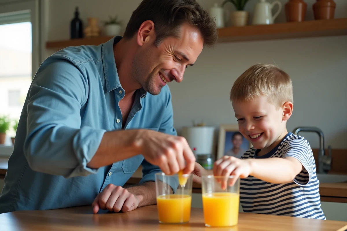 Père et fils versant du jus dans la cuisine chaleureuse