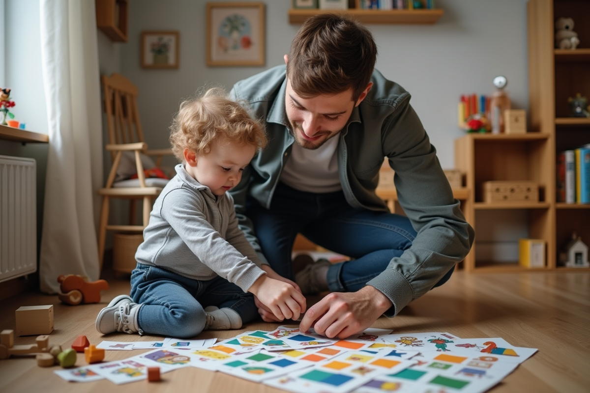Père aidant son enfant à organiser des cartes d