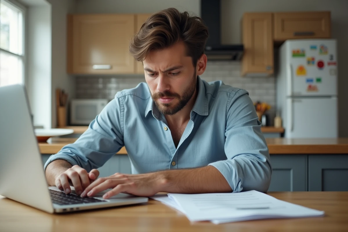 Jeune père confus travaillant sur ordinateur à la maison