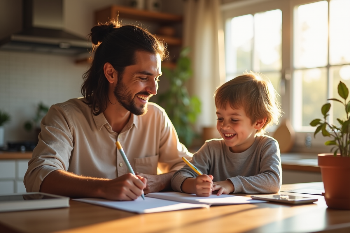 Parent et enfant souriants faisant leurs devoirs à la maison