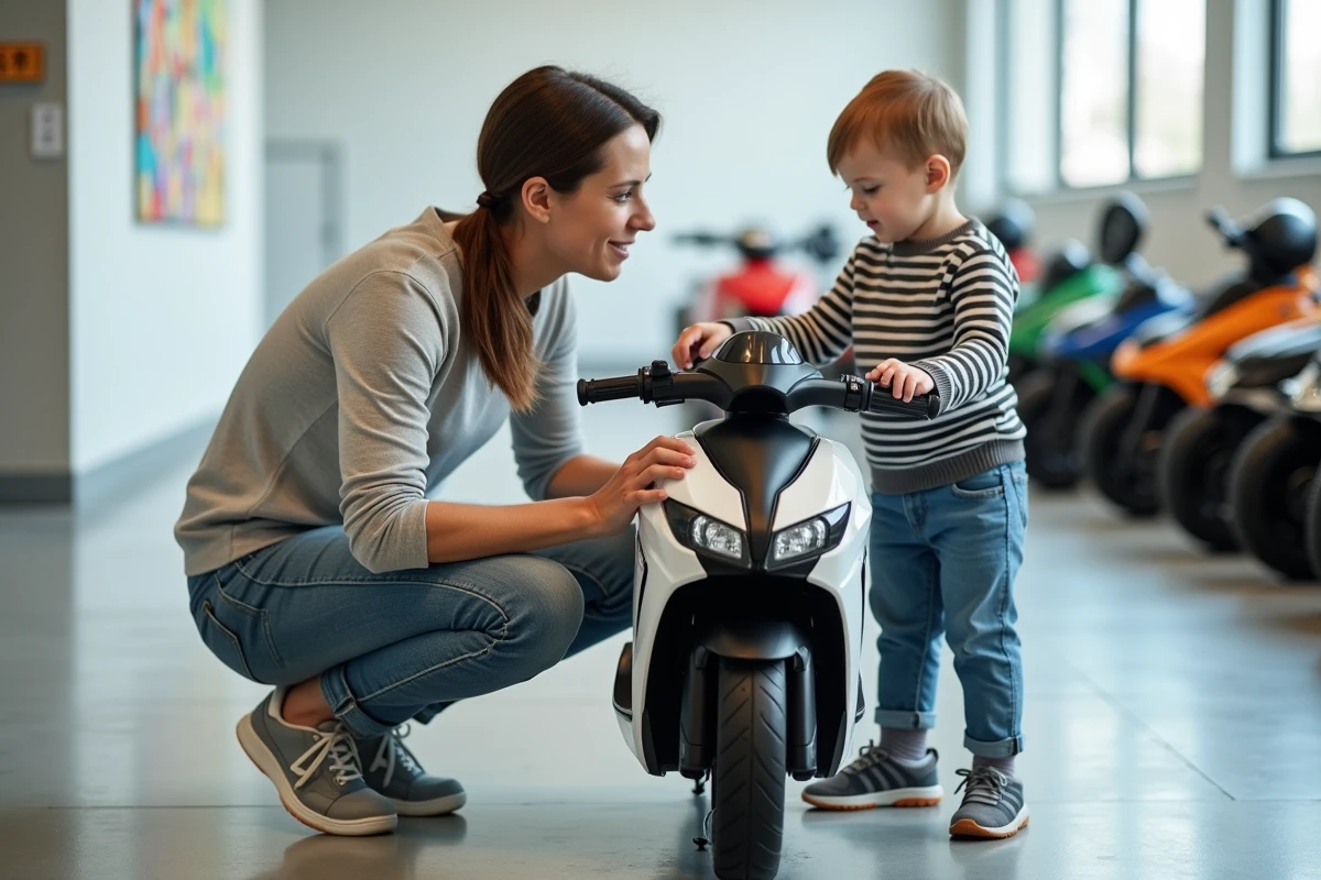 Parent et enfant examinant une petite moto électrique pour enfant dans un magasin spécialisé