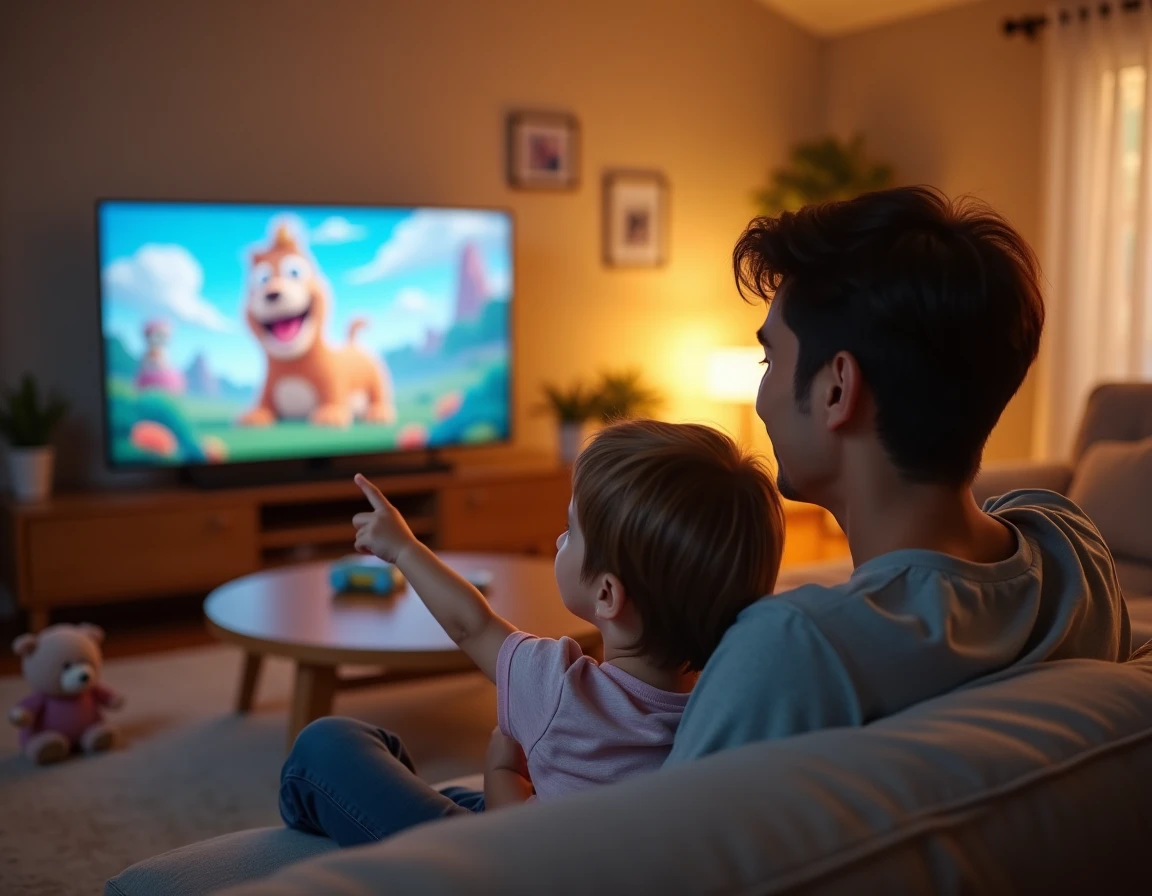 Parent et enfant regardant une bande-annonce de dessin animé Pat' Patrouille sur un écran de télévision dans un salon familial