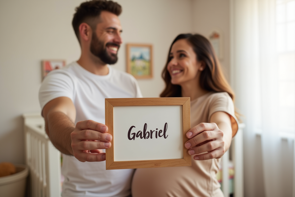 Parents attendant tenant une carte avec Gabriel dans une nurserie douce