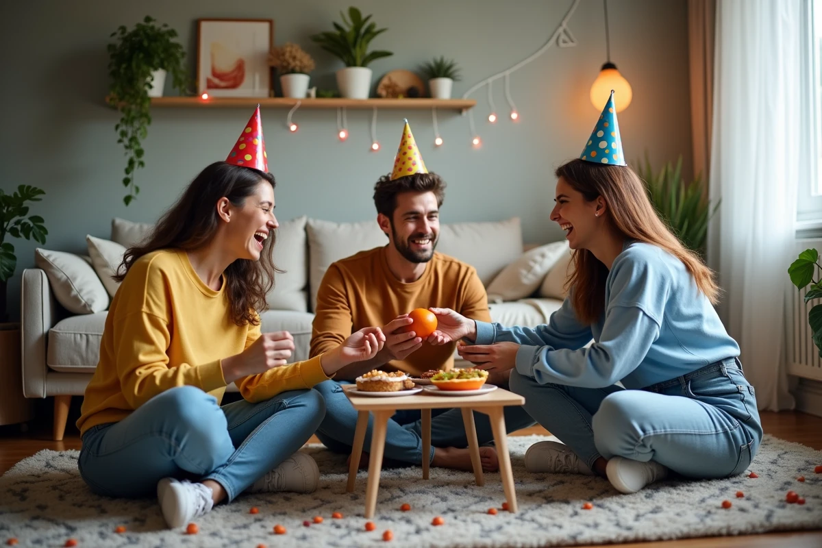 Trois personnes passant un orange lors d