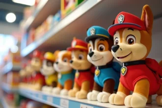 Peluches Pat' Patrouille alignées sur une étagère de magasin de jouets, personnages en uniforme de secours colorés
