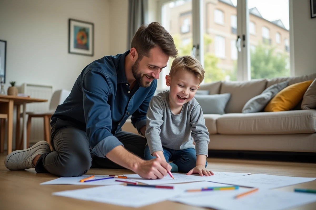 Père aidant son enfant avec ses devoirs dans le salon, illustrant un environnement parental stable