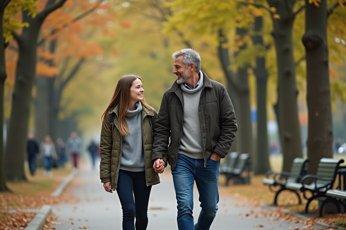Père et fille adolescente marchant dans un parc urbain