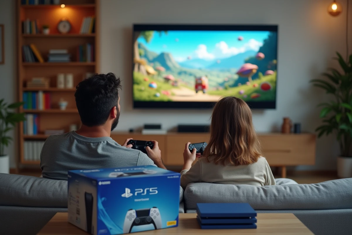 Père et fille jouant ensemble sur PS4 et PS5 dans un salon familial, boîte de jeu compatible visible sur la table