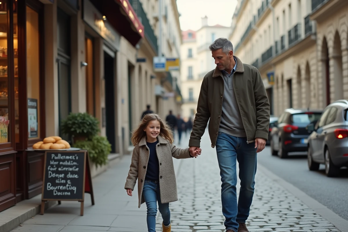 Père divorcé et sa fille marchant devant une boulangerie parisienne