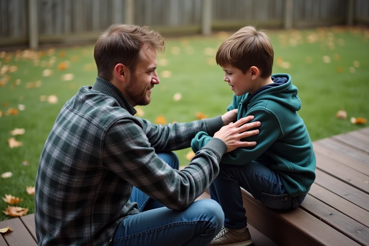 Père et fils assis sur les marches d'un porche en bois, moment de reconnexion émotionnelle après un conflit parental