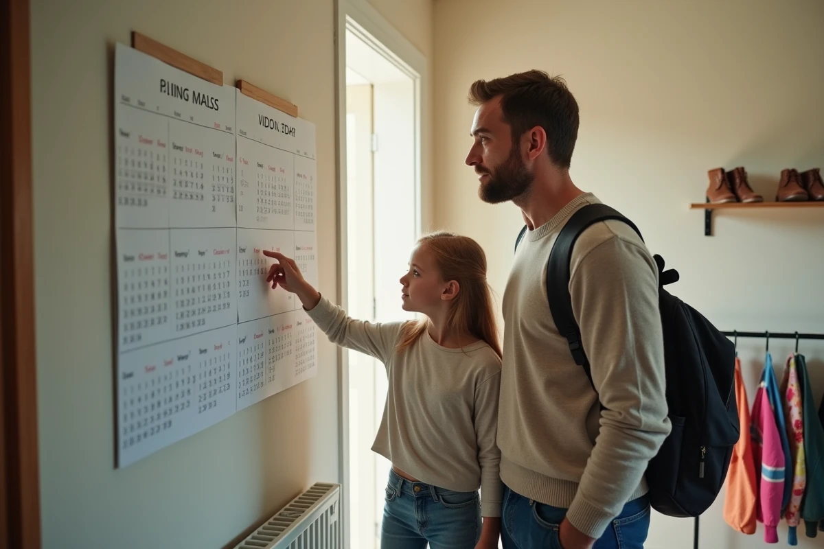 Pere vérifiant dates sur calendrier avec sa fille dans le couloir
