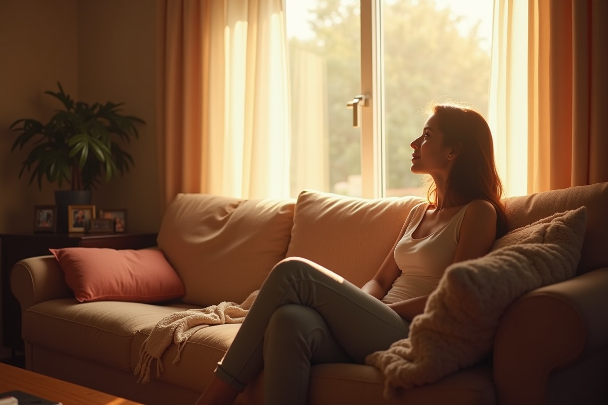 Personne seule sur un canapé regardant par la fenêtre avec espoir