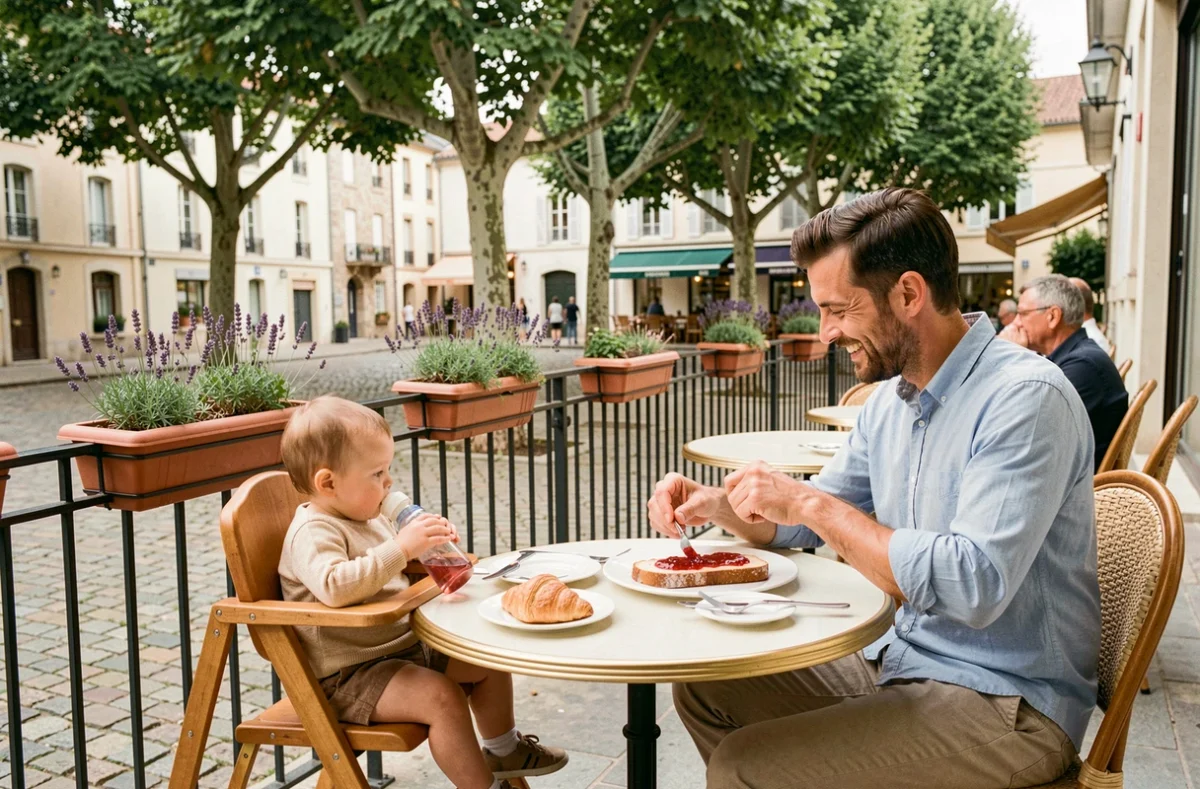 Couple avec bébé en chaise haute au petit-déjeuner sur la terrasse d'un hôtel familial en France, ambiance village provençal