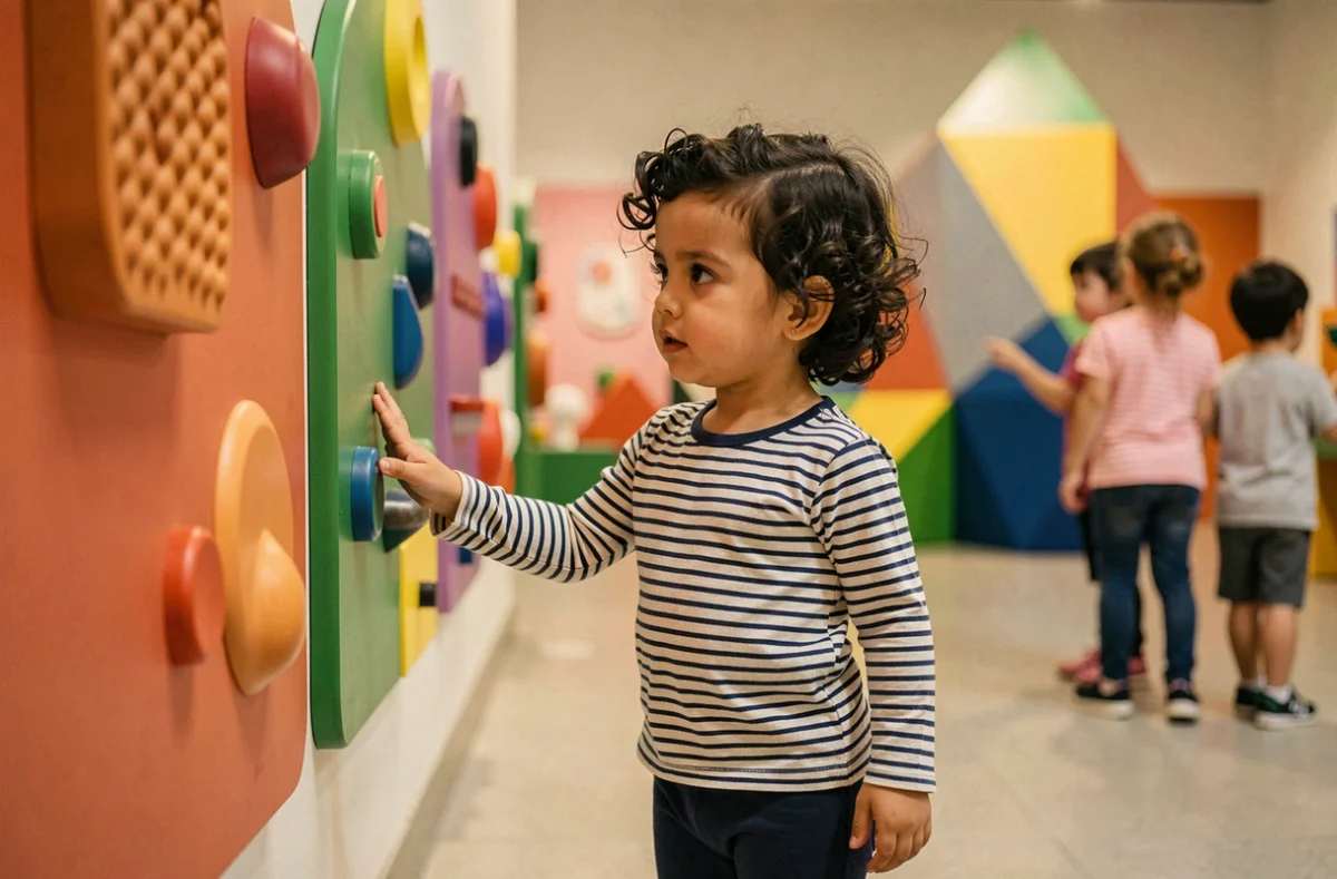 Petite fille de 4 ans découvrant un musée interactif pour enfants à Paris lors des vacances scolaires 2026