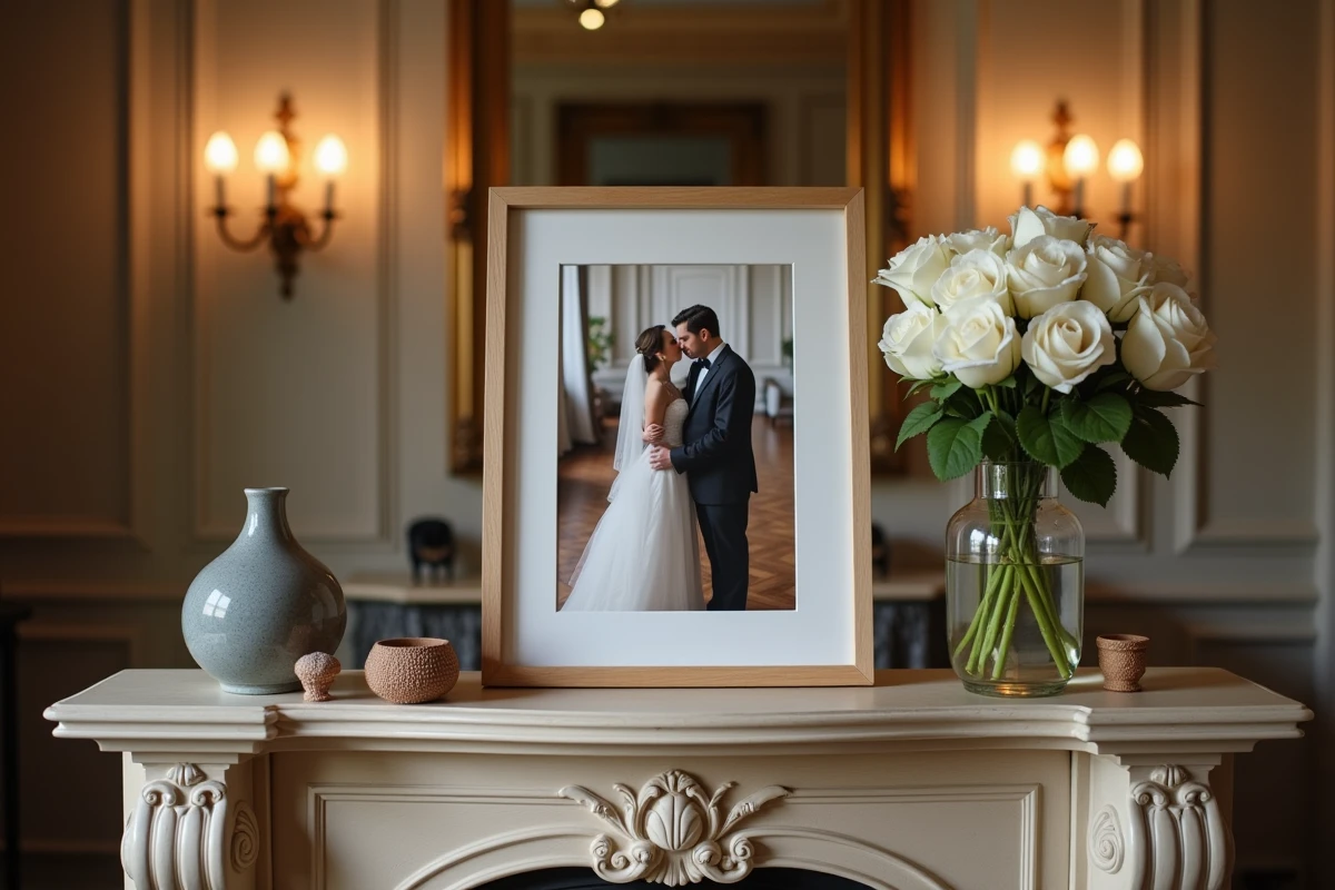 Photo de couple encadrée sur une cheminée dans un appartement parisien élégant avec décoration raffinée