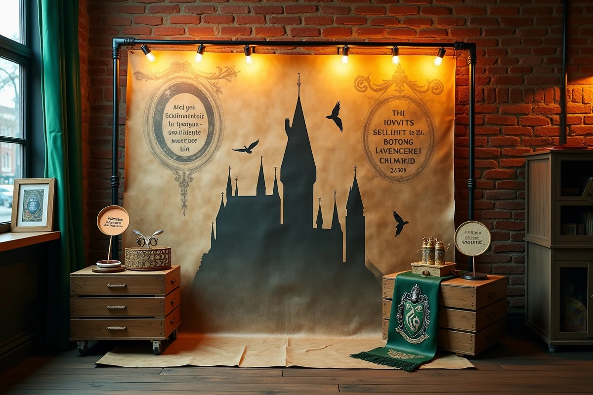 Photobooth Harry Potter fait maison avec affiches imprimées Poudlard, accessoires maison Serpentard et bulles de dialogue sur bâtonnets