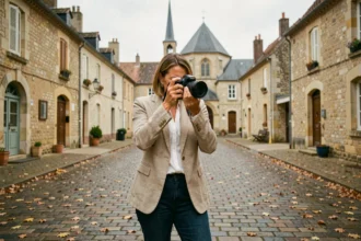 Photographe professionnelle ajustant son appareil photo dans une place de village typique de l'Oise à Clermont-de-l'Oise
