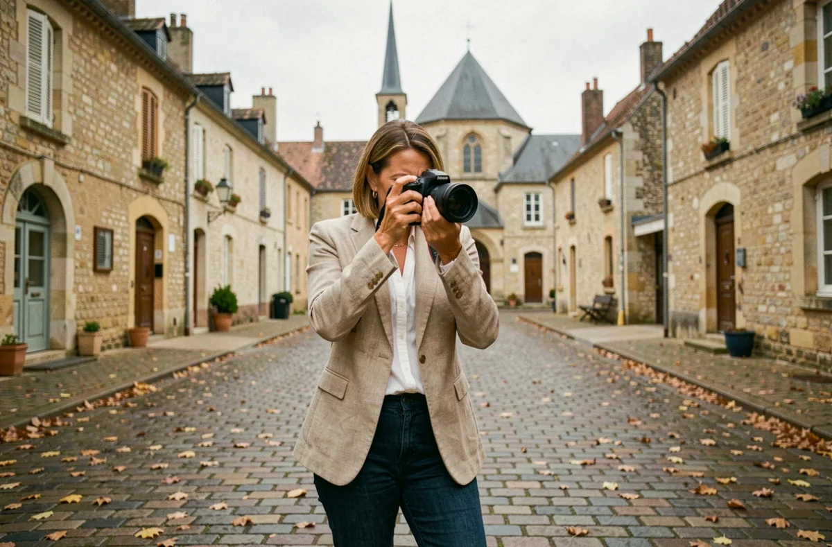 Photographe professionnelle ajustant son appareil photo dans une place de village typique de l'Oise à Clermont-de-l'Oise