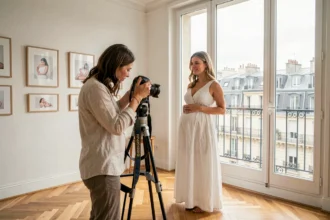 Séance photo de grossesse dans un studio parisien avec une photographe professionnelle en Île-de-France