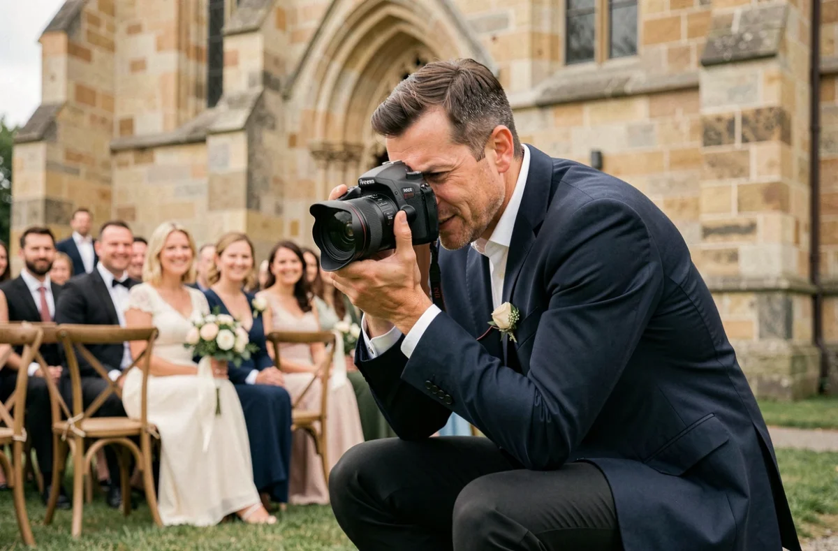 Photographe de mariage en Moselle prenant des photos lors d'une cérémonie devant une église en pierre