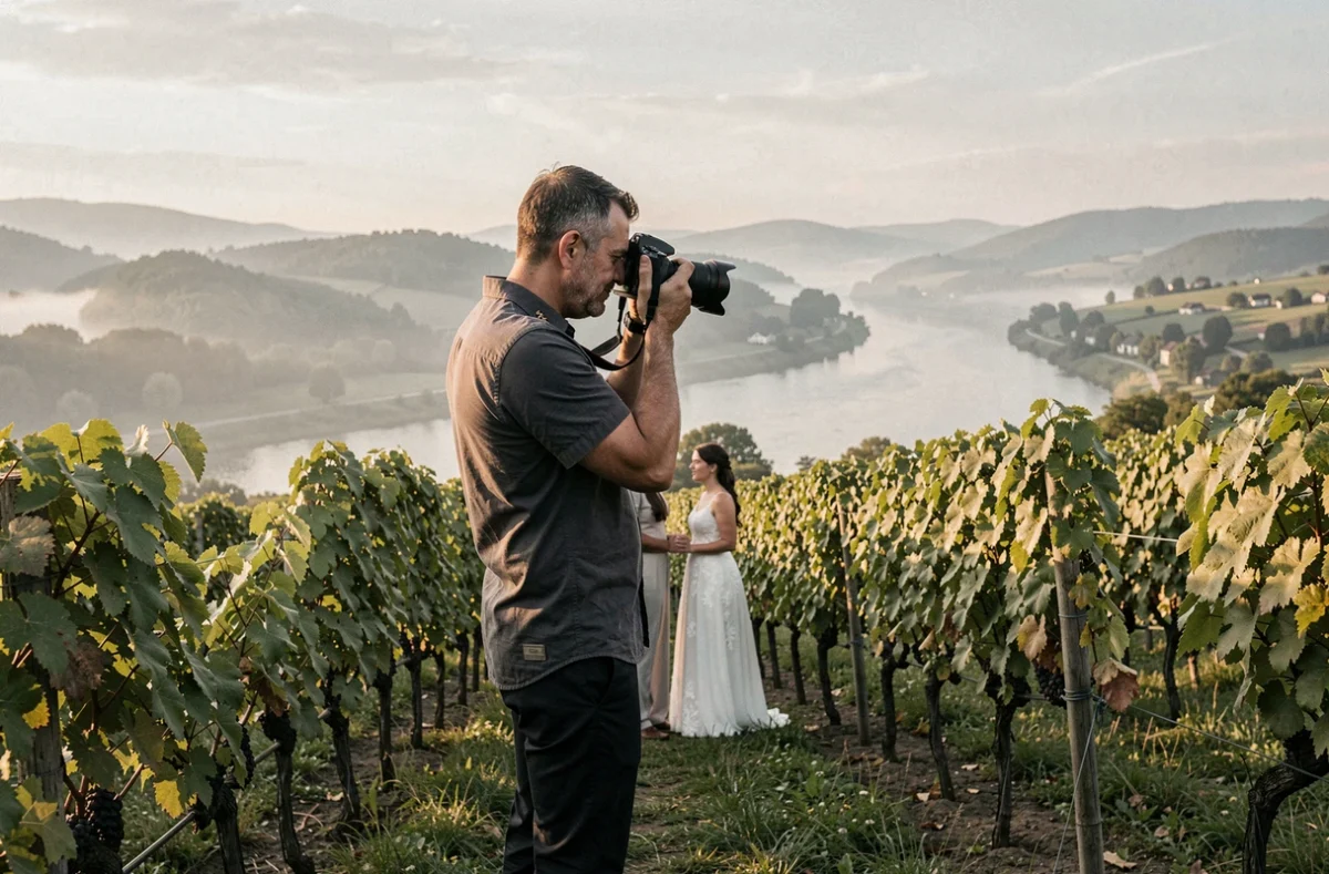 Photographe de mariage capturant un couple dans les vignes de la vallée de la Moselle