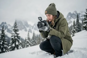 Photographe professionnelle en montagne enneigée consultant son appareil photo sur une pente alpine en hiver