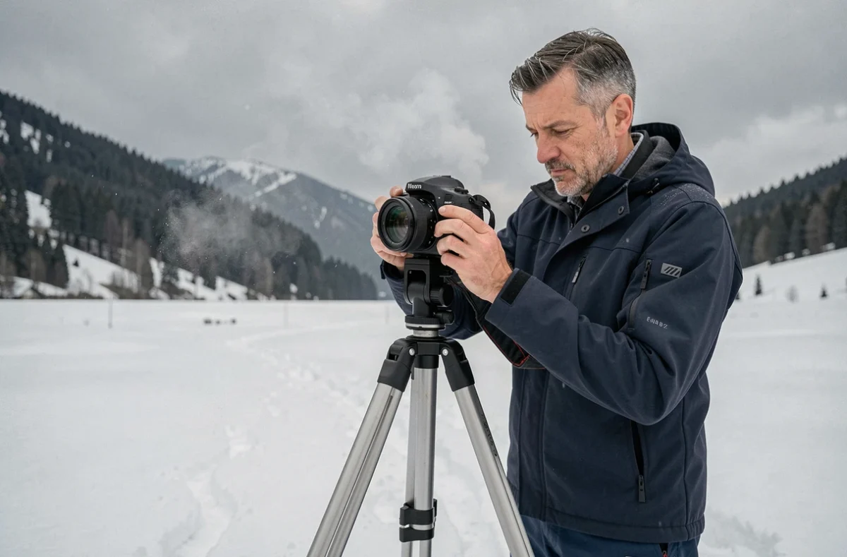 Photographe masculin professionnel réglant son trépied dans un paysage de montagne enneigé en hiver