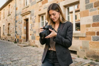 Photographe professionnelle avec un appareil photo reflex devant un bâtiment en pierre de Brive-la-Gaillarde