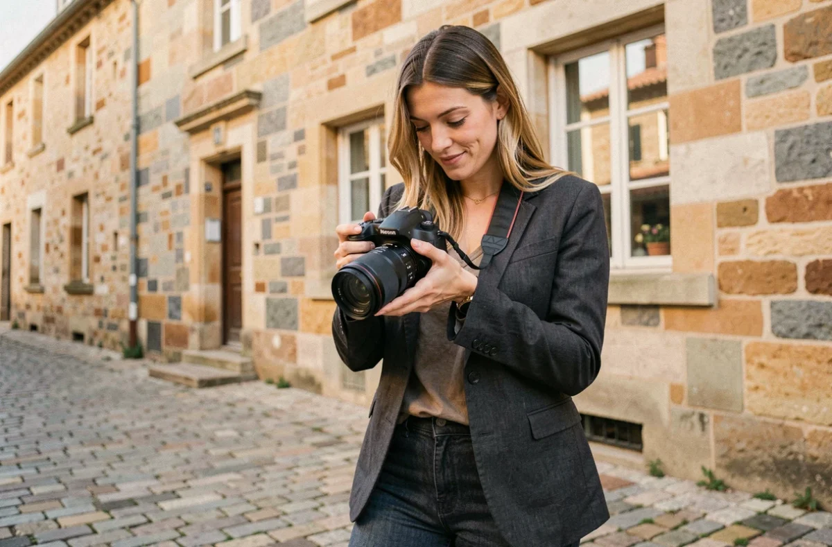 Photographe professionnelle avec un appareil photo reflex devant un bâtiment en pierre de Brive-la-Gaillarde