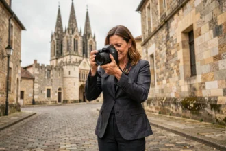 Photographe professionnelle devant la cathédrale de Tulle ajustant son appareil photo reflex