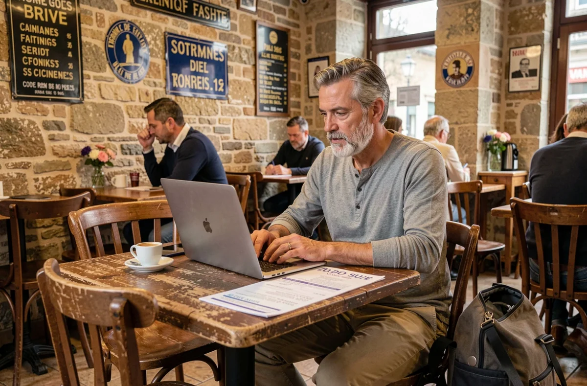 Photographe consultant ses tarifs sur un ordinateur portable dans un café de Brive